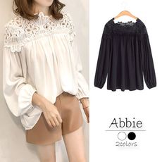 【Abbie】日系甜美鉤花拼接雪紡上衣
