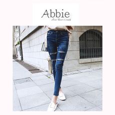【Abbie】韓款高腰修身顯瘦破洞牛仔褲