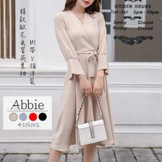 【Abbie】韓款歐尼氣質荷葉袖綁帶V領洋裝