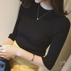 【Abbie】韓版最新荷葉五分袖彈力顯瘦中長版針織上衣