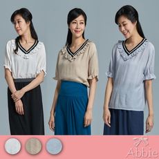 【Abbie】V領荷葉袖棉麻上衣(學院風/民族風)