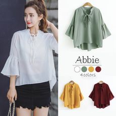 【Abbie】蝴蝶結綁帶V領荷葉袖棉麻上衣