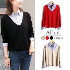 【Abbie】假二件條紋翻領針織上衣(三色任選)