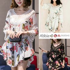 【Abbie】V領針織拼接印花雪紡罩衫
