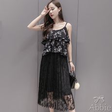 【Abbie】韓版新款百摺蕾絲鬆緊腰A-LINE長裙