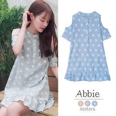 【Abbie】清新露肩印花條紋拼接荷葉長上衣