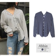 【Abbie】韓版顯瘦V領條紋襯衫
