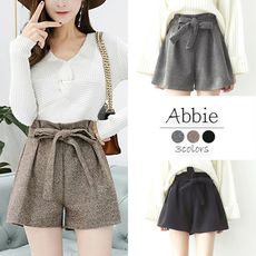 【Abbie】韓版顯瘦百搭高腰毛呢短褲