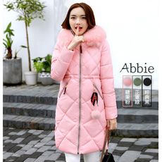 【Abbie】韓版大毛領毛球緞帶菱格紋棉絨外套