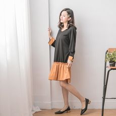 【Abbie】休閒拼接荷葉圓領洋裝-