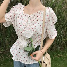 【Abbie】甜美小碎花方領顯瘦上衣