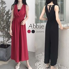 【Abbie】韓版V領高腰顯瘦連身寬褲