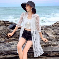 【Abbie】海邊度假花朵蕾絲罩衫