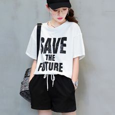 【Abbie】時尚純棉亮片SAVE字母上衣+舒適短褲套組