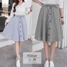 【Abbie】鬆緊繫帶單排扣高腰條紋中長裙