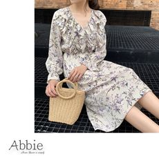 【Abbie】韓款荷葉邊V領雪紡碎花洋裝