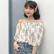 【Abbie】一字領兩穿樹葉印花上衣