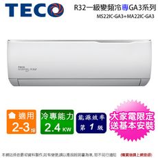 TECO東元2-3坪一級變頻冷專分離式冷氣 MS22IC-GA3+MA22IC-GA3~含基本安裝