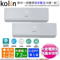 歌林5坪+6坪一級變頻冷暖一對二分離式冷氣KDV-722M201(2.8KW+3.6KW)含基本安裝