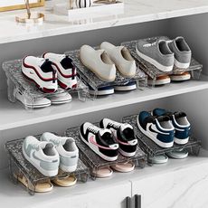 【荷生活】透明PET鞋櫃分層收納架 梯形設計可抽拉雙層鞋架