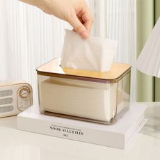 【荷生活】日式透明PET木質上蓋衛生紙盒 抽取式紙巾盒-大小號各1入