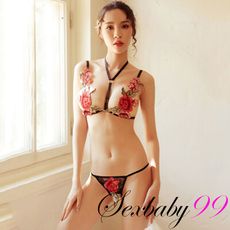 【Sexbaby99】花香四溢-性感玫瑰刺繡掛脖三點式-黑色_內衣_內褲_三角褲_丁字褲_開襠褲