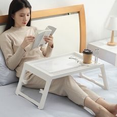 【MGSHOP】日系簡約多用途摺疊懶人桌 床上桌(附杯托/2色)