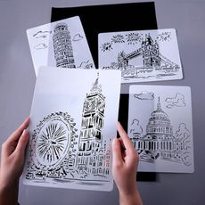 創意建築動物系列繪圖模板刮刮畫鏤空繪畫模具