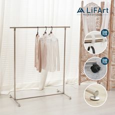 【LiFArt】不鏽鋼附輪伸縮耐重單桿曬衣架(贈防風扣環20入/掛衣架/晾衣架/吊衣架)