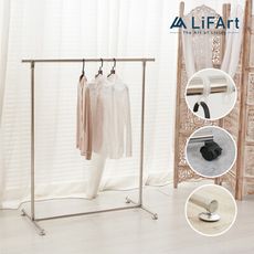 【LiFArt】不鏽鋼附輪伸縮耐重單桿曬衣架(含5入防風扣/掛衣架/晾衣架/吊衣架)