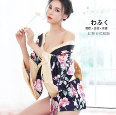 暮色情濃．日式印花大花朵和服三件組 台灣出貨 大尺碼日本印花和服 開襟 多尺碼情趣角色服 角色扮演
