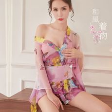 和風女郎．印花雪紡性感透視和服  台灣出貨 情趣內衣日本和服女睡衣角色扮演性感束腰極度誘惑演出制服