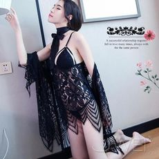 【緁希情趣】極度羽媚．二件式性感披肩+蕾絲吊帶睡裙(黑)