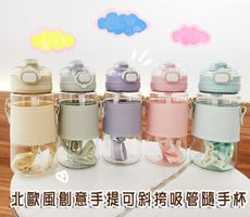 北歐風創意手提可斜挎隨手杯吸管杯水瓶水壺600ml M3191【Alex Shop】