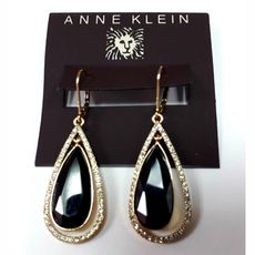 【Anne Klein】高貴黑色雙圈水滴狀水晶耳環