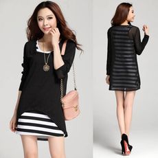 【6022】韓版兩件套雪紡條紋背心連身裙 連衣裙(M-2XL)