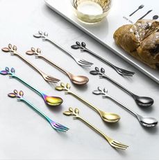 北歐樹葉造型叉勺  創意不銹鋼餐具 咖啡甜品勺 樹葉叉子 攪拌勺子 雪糕勺 攪拌勺