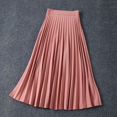 優雅溫柔的粉色半身裙 側拉鏈高腰顯瘦中長款立體百褶裙1入