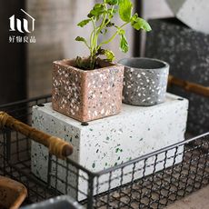 【好物良品】長形水磨石手作水泥盆栽花盆花器(附十字花架) 客廳陽台多肉植物 盆器盆栽架｜F30