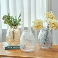 【好物良品】矮款_家居輕奢透明冰裂玻璃花瓶 花藝花器 插花裝飾品 桌面餐桌擺飾｜L23-1