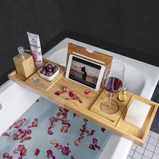 浴缸置物架【當天發貨】竹製浴室泡澡置物擱板iPad手機平板支架伸縮防滑