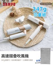 聲寶SAMPO 摺疊高速吹風機 ED-B24082VL。負離子不毛躁，輕量手拿不費力，自動清潔，折疊