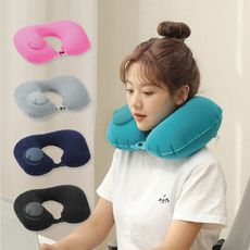 按壓式U型充氣枕 植絨面料 充氣U型枕 頸枕 按壓充氣枕 U型枕 充氣枕 旅行 自動充氣枕 充氣頸枕