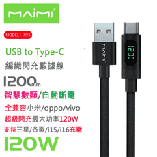 【免運】Maimi】PD智慧數顯編織快充線 USB to Type-C 手機充電傳輸線(120Cm)