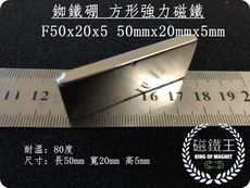 【磁鐵王】釹鐵硼 強磁 方形 磁石 吸鐵 強力磁鐵 F50x20x5 50mmx20mmx5mm