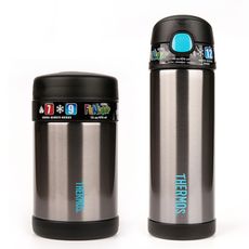 【美國膳魔師THERMOS】黑色不鏽鋼水壺食物罐組合