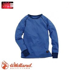 Wildland 荒野 童 遠紅外線彈性條紋衣《中藍》0A12683/休閒衫/條紋/彈性/保暖衣