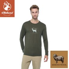 Wildland 荒野 男 100%美麗諾150印花長袖衣《鼠尾草綠》0B02602/薄長袖/保暖衣