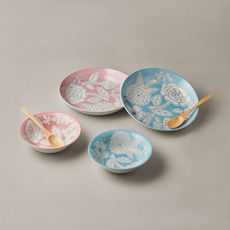 日本美濃燒 - 粉染花朵碗盤禮盒組 - 附湯匙 (6件式)