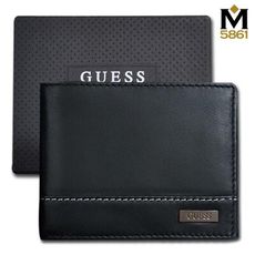 【Guess】男皮夾 短夾 牛皮夾 雙排設計 金屬銘標LOGO 多卡夾 大鈔夾 品牌盒裝／黑色